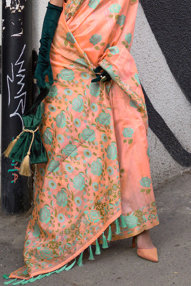Imaginative Orange Parsi Handloom Woven Banarasi Silk Saree With Blouse Piece - Image 4