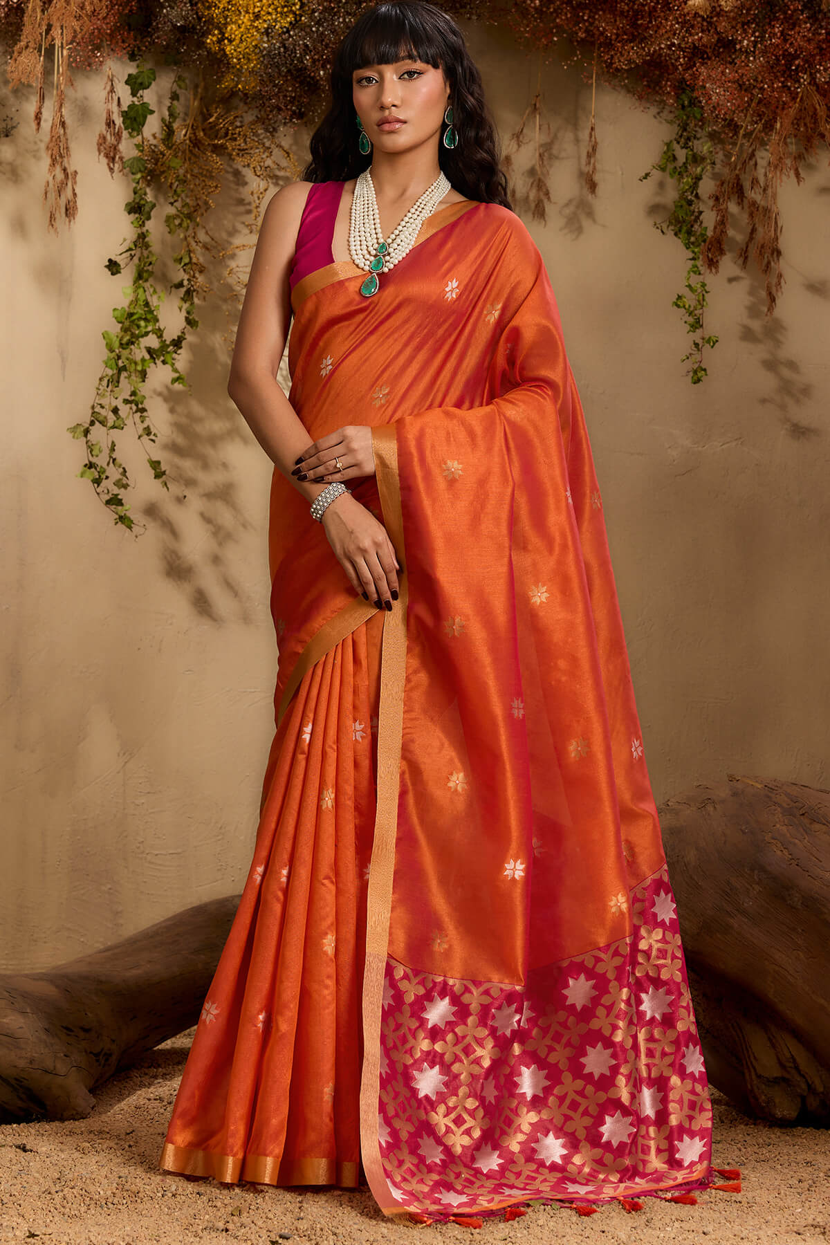 Imaginative Orange Pure Zari Weaving Banarasi Tussar Silk Saree With Admirable Blouse Piece