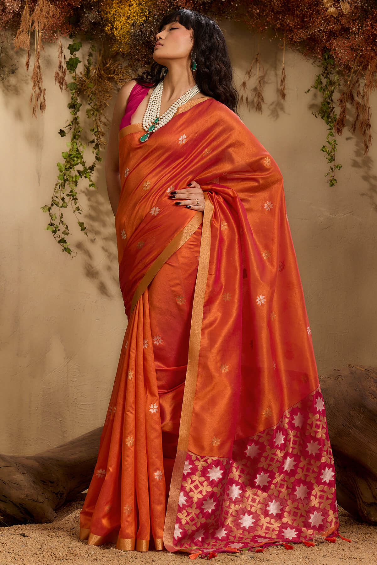 Imaginative Orange Pure Zari Weaving Banarasi Tussar Silk Saree With Admirable Blouse Piece - Image 2