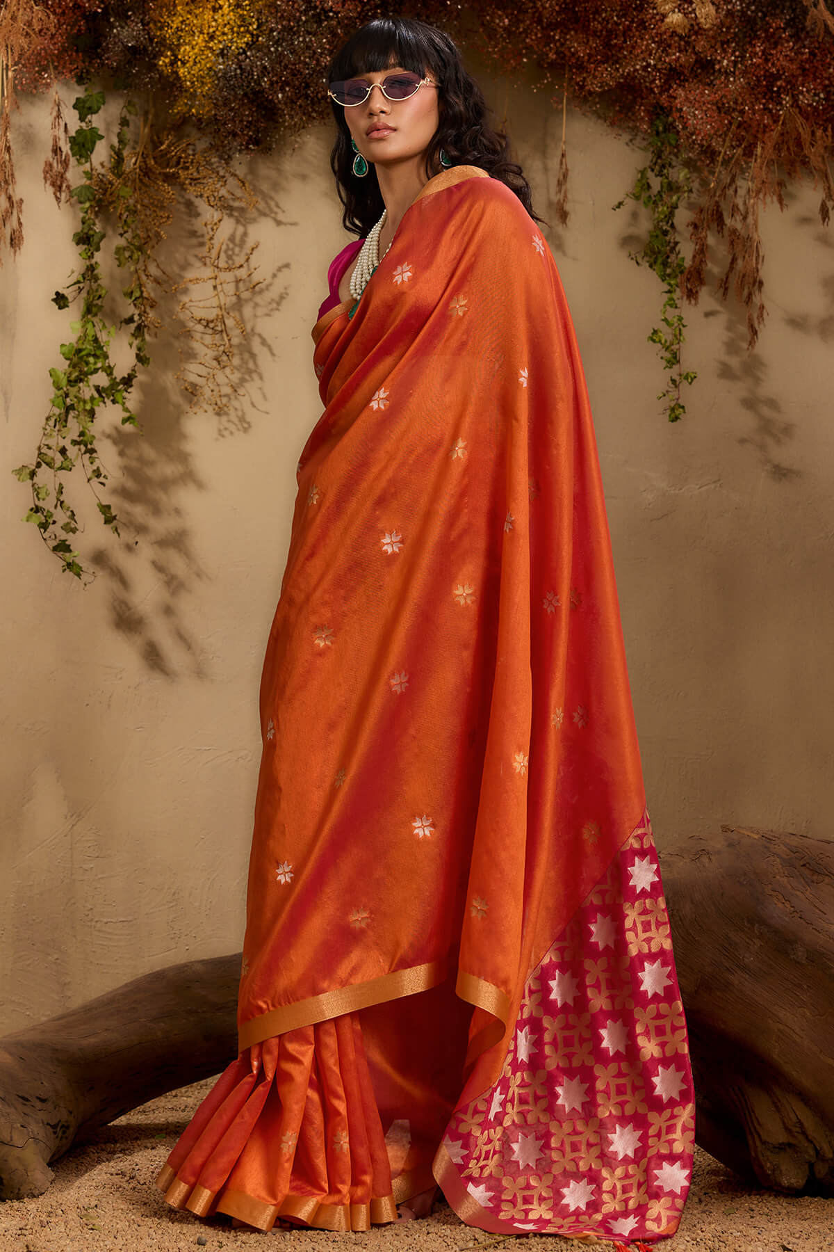 Imaginative Orange Pure Zari Weaving Banarasi Tussar Silk Saree With Admirable Blouse Piece - Image 4