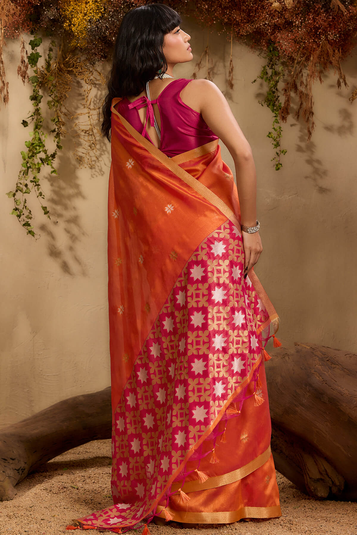 Imaginative Orange Pure Zari Weaving Banarasi Tussar Silk Saree With Admirable Blouse Piece - Image 6