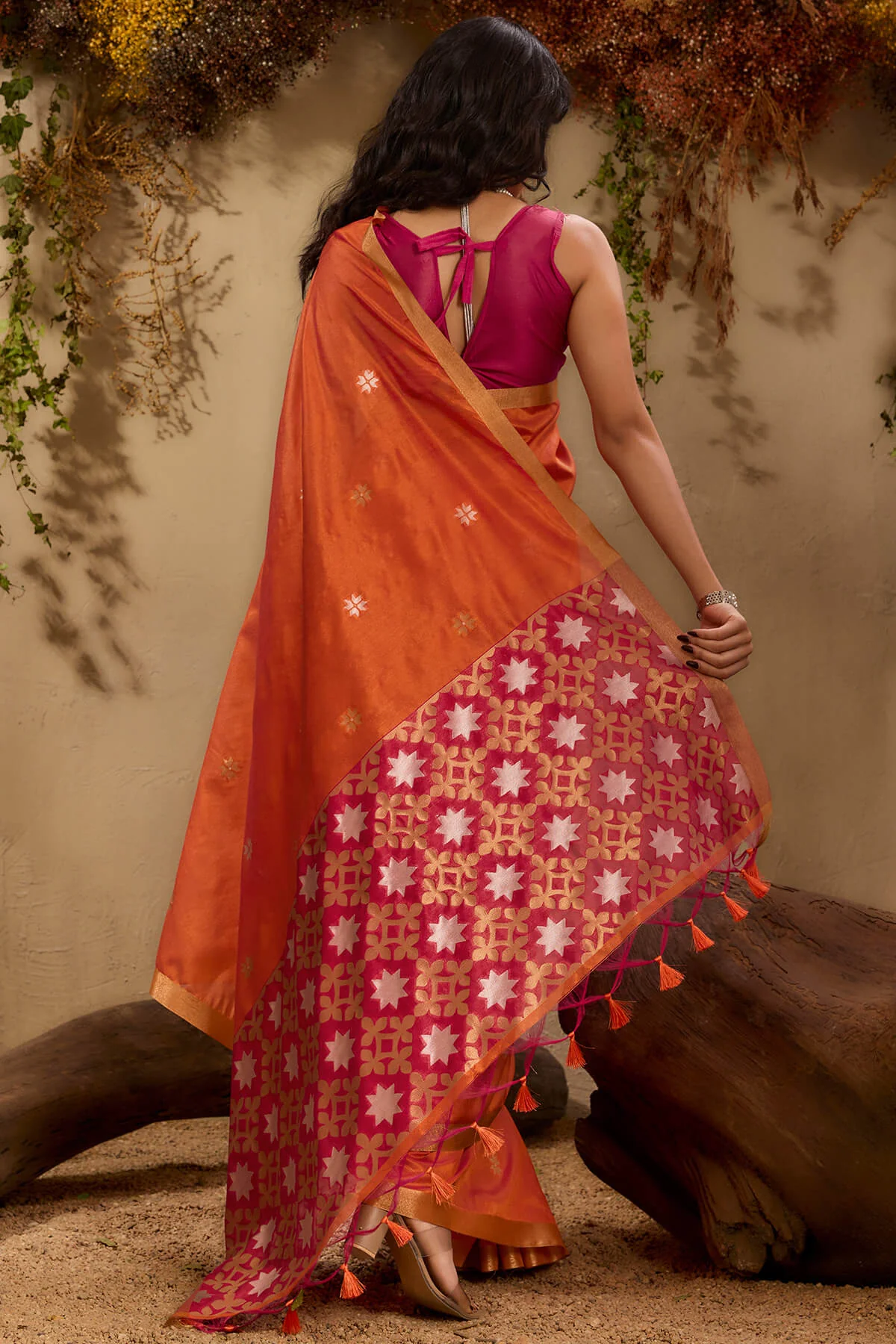 Imaginative Orange Pure Zari Weaving Banarasi Tussar Silk Saree With Admirable Blouse Piece - Image 8