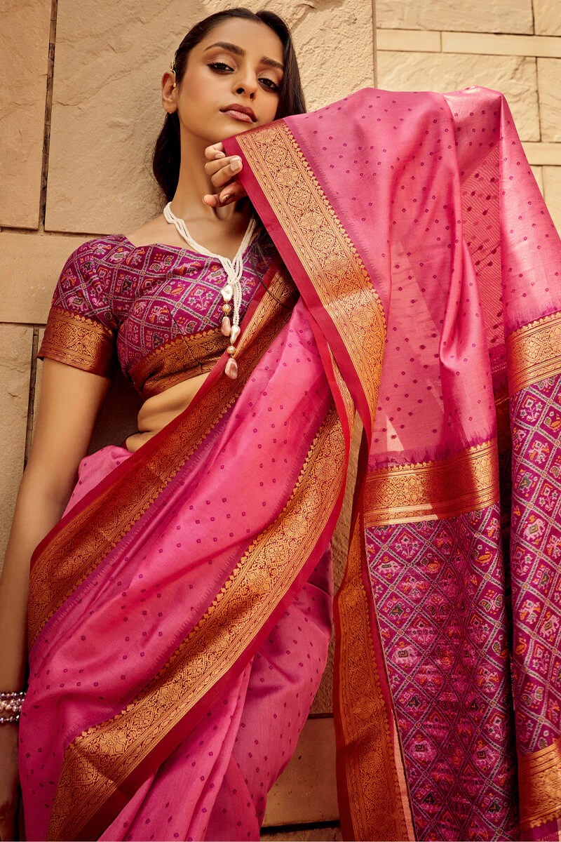 Imaginative Pink Patola Silk Saree with Imaginative Blouse Piece - Image 2