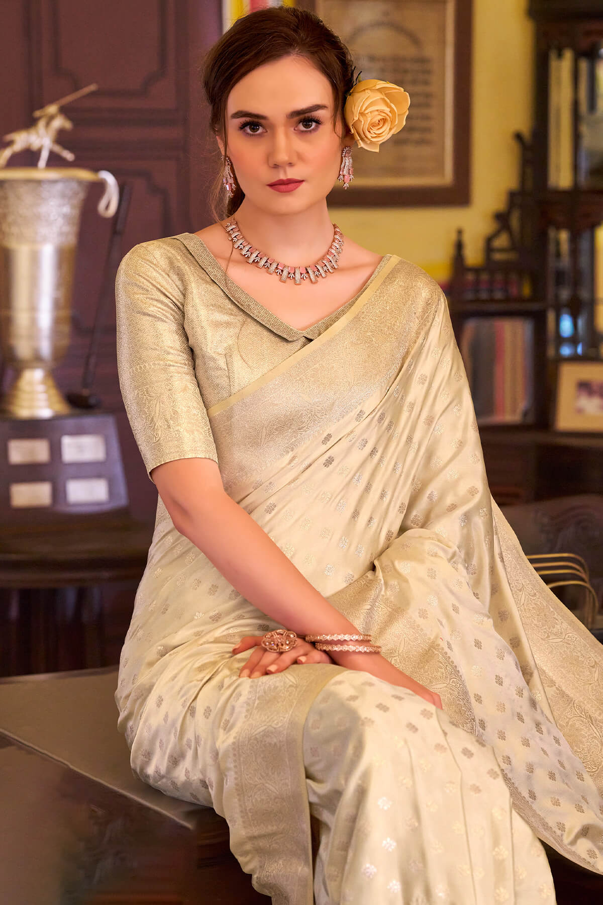 Imbrication Beige Banarasi Satin Silk Saree With Smashing Blouse - Image 2