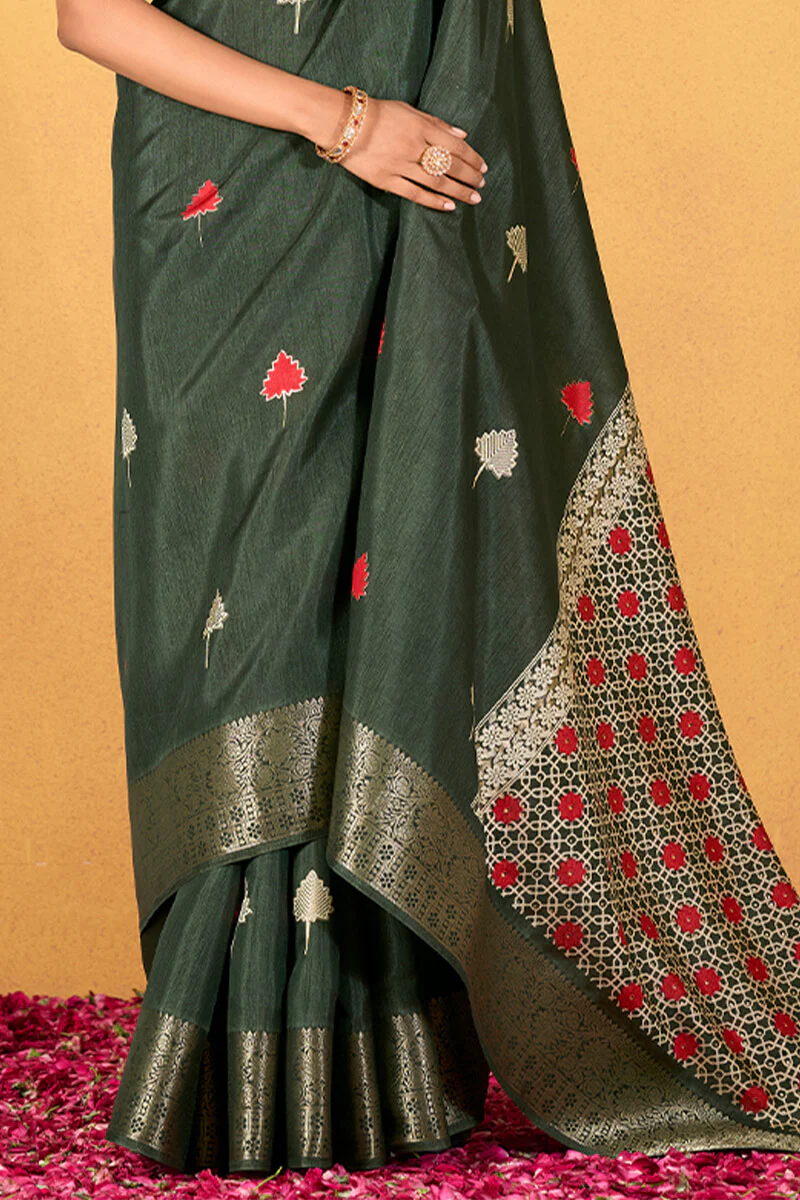 Imbrication Dark Green Foil Printed Dola Silk Saree With Susurrous Blouse Piece - Image 5