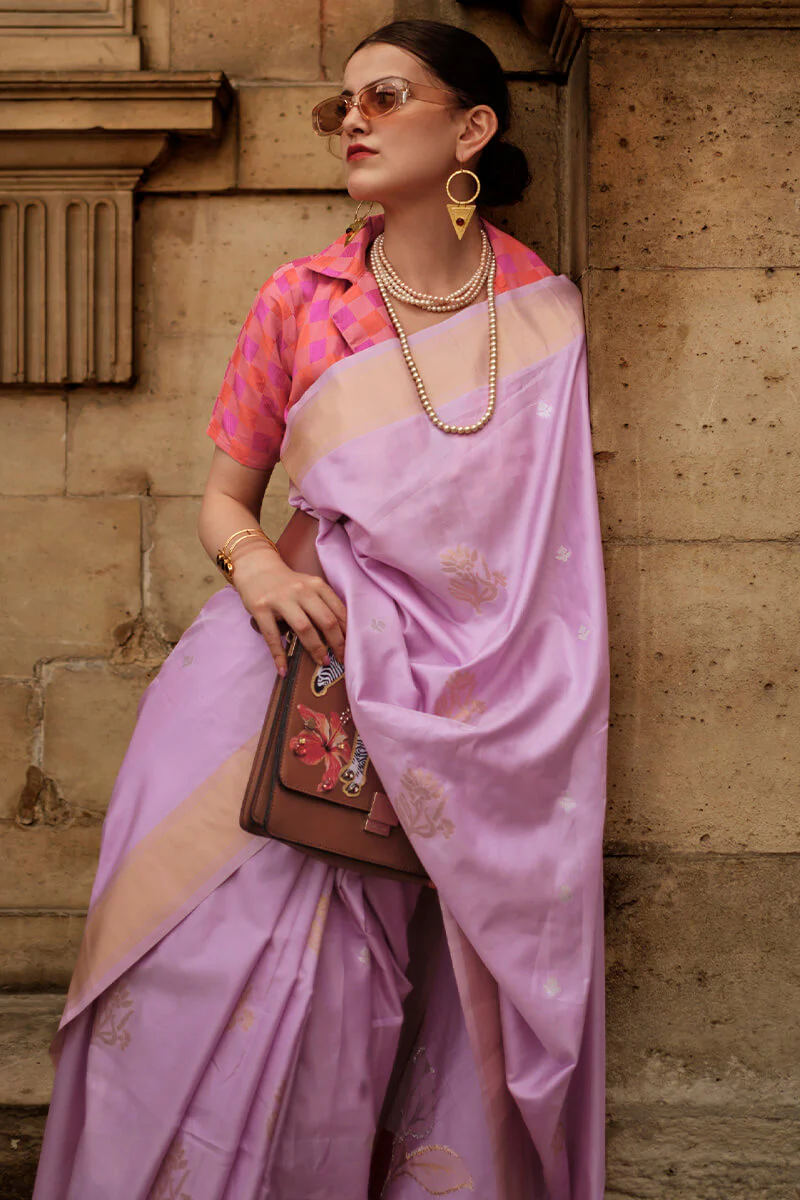 Imbrication Lavender Soft Banarasi Silk Saree With Effervescent Blouse Piece - Image 2