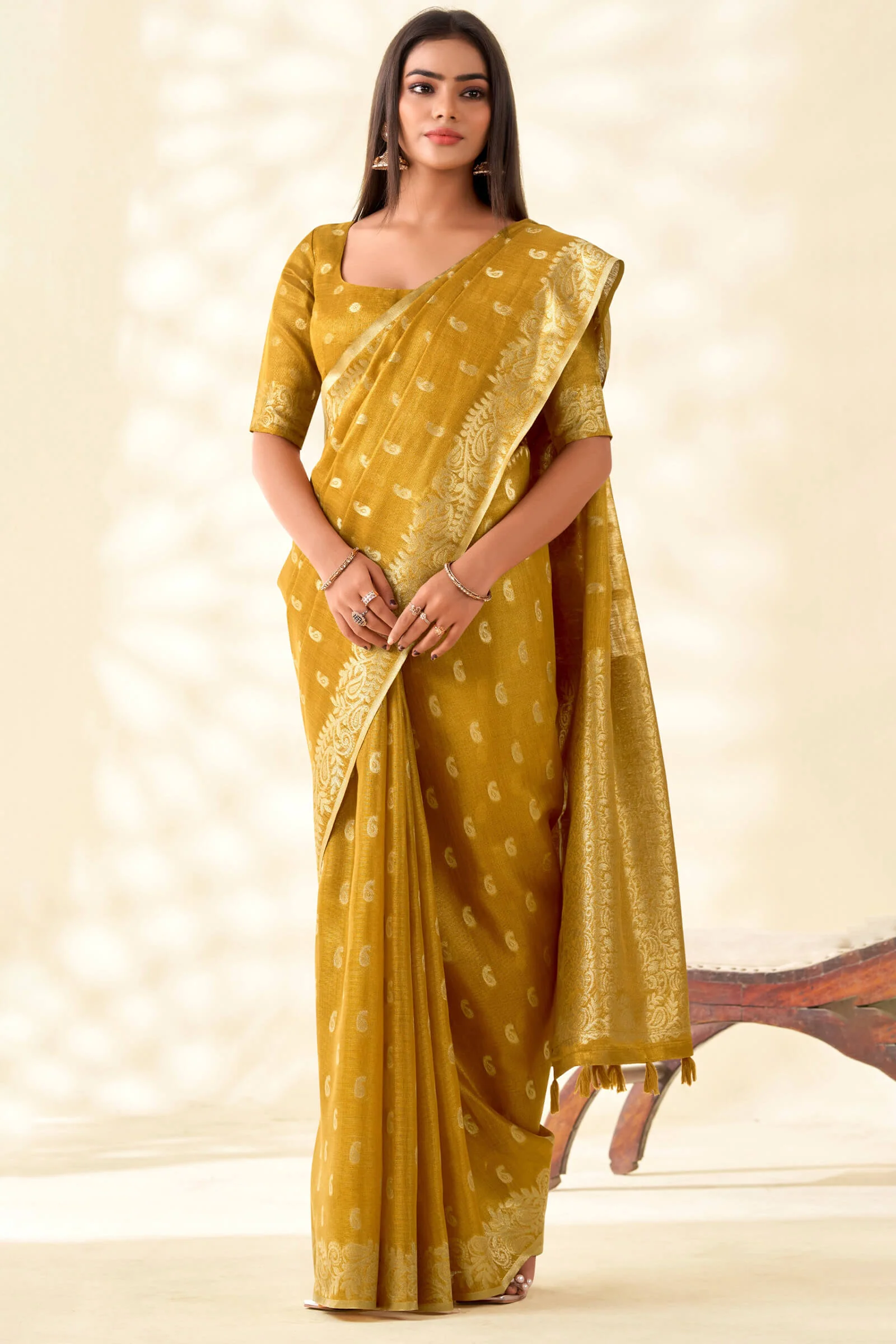 Imbrication Mustard Soft Banarasi Tissue Silk Saree With Demure Blouse Piece - Image 3