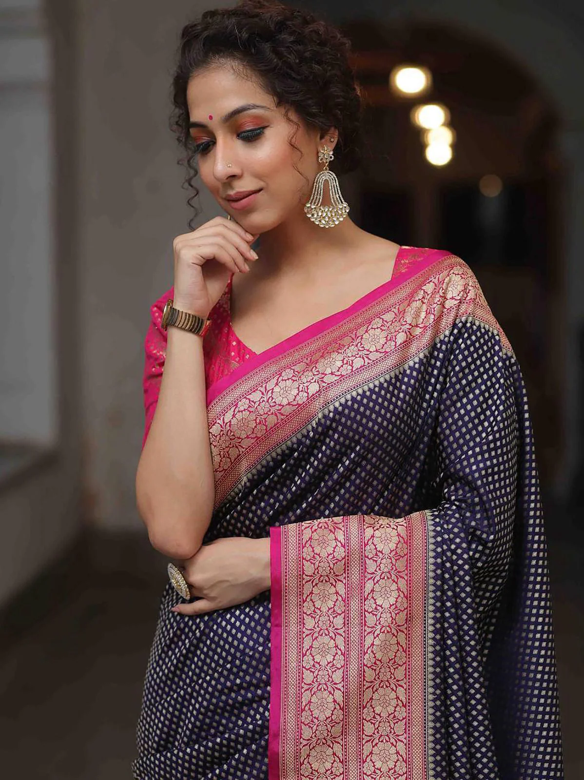 Imbrication Navy Blue Soft Silk Saree With Ornate Blouse Piece - Image 2