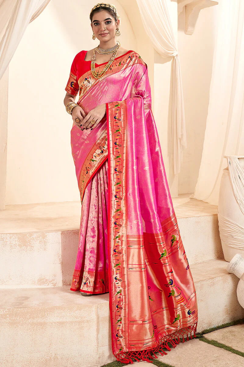 Imbrication Pink Paithani Silk Saree With Efflorescence Blouse Piece