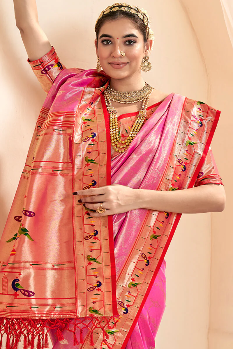 Imbrication Pink Paithani Silk Saree With Efflorescence Blouse Piece - Image 2