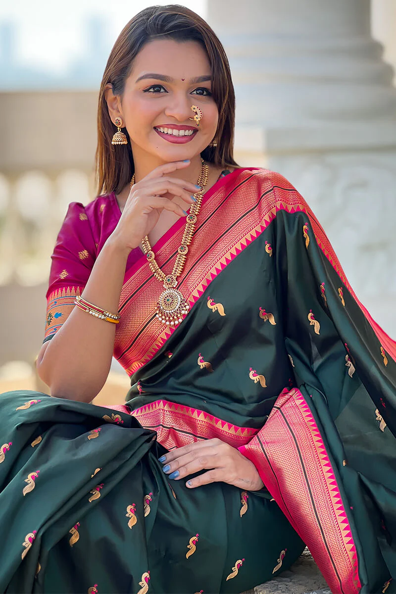 Impressive Dark Green Paithani Silk Saree With Adorning Blouse Piece - Image 2