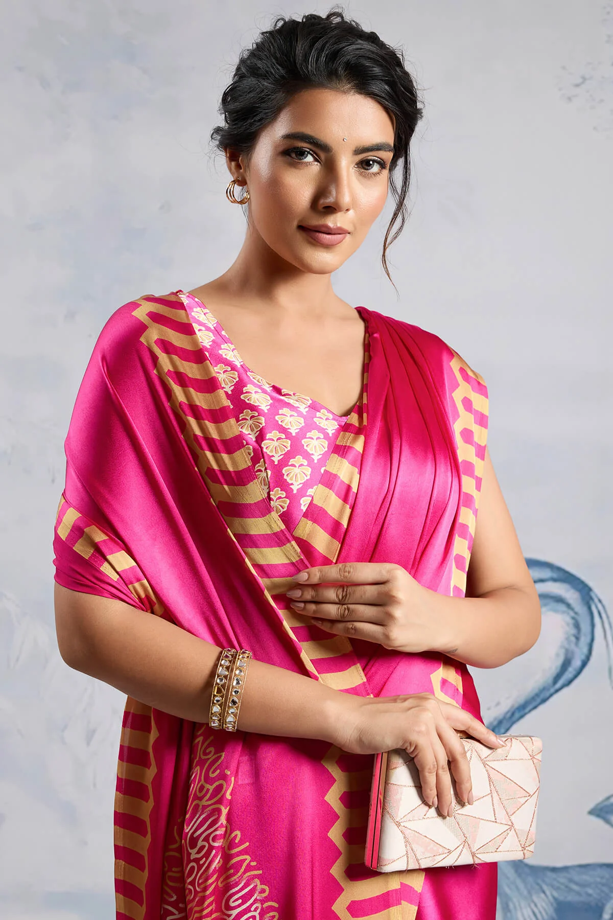 Impressive Dark Pink Ajrakh Printed Satin Silk Saree With Twirling Blouse Piece - Image 2