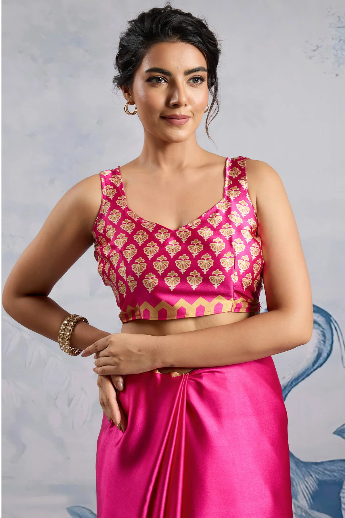 Impressive Dark Pink Ajrakh Printed Satin Silk Saree With Twirling Blouse Piece - Image 4