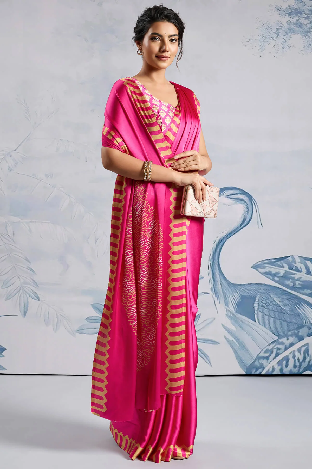 Impressive Dark Pink Ajrakh Printed Satin Silk Saree With Twirling Blouse Piece - Image 5