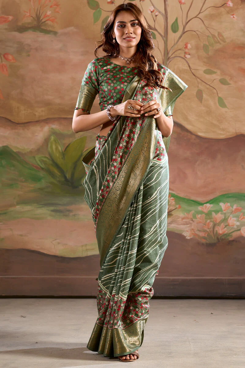 Impressive Green Digital Printed Dola Silk Saree With Twirling Blouse Piece - Image 3
