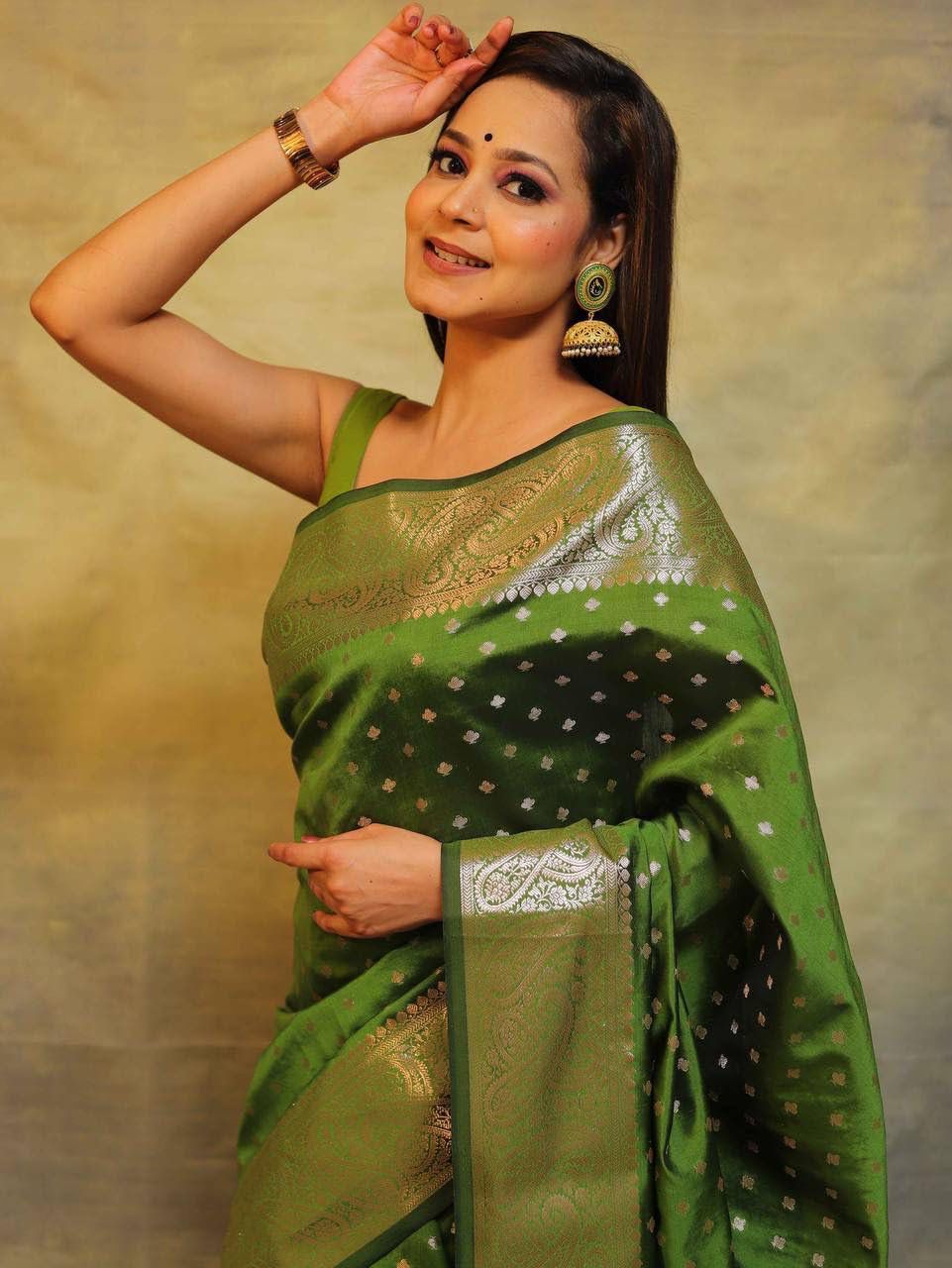 Impressive Mehndi Soft Silk Saree With Energetic Blouse Piece - Image 2