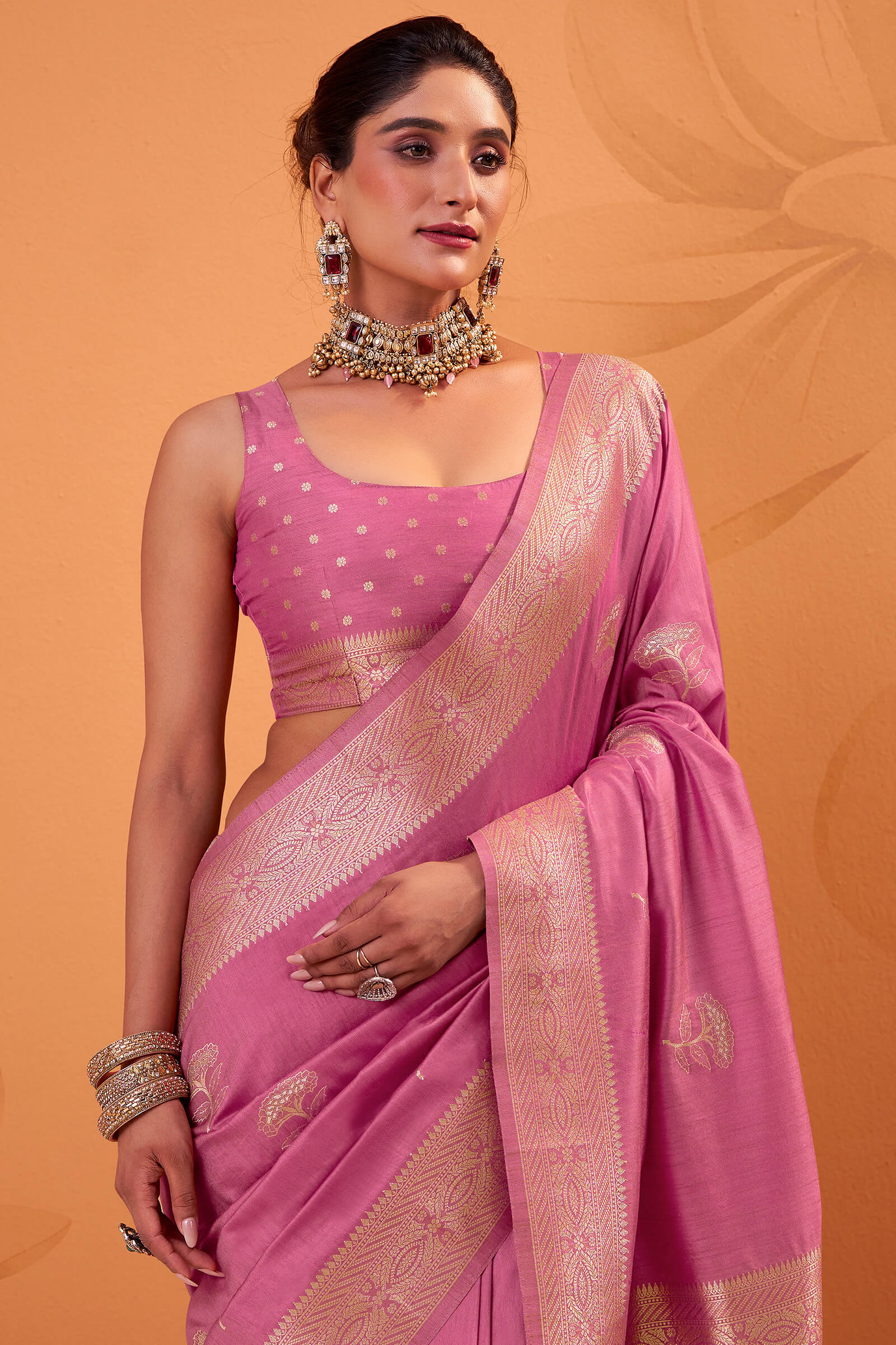 Improbable Baby Pink Banarasi Tussar Silk Saree With Glowing Blouse Piece - Image 2