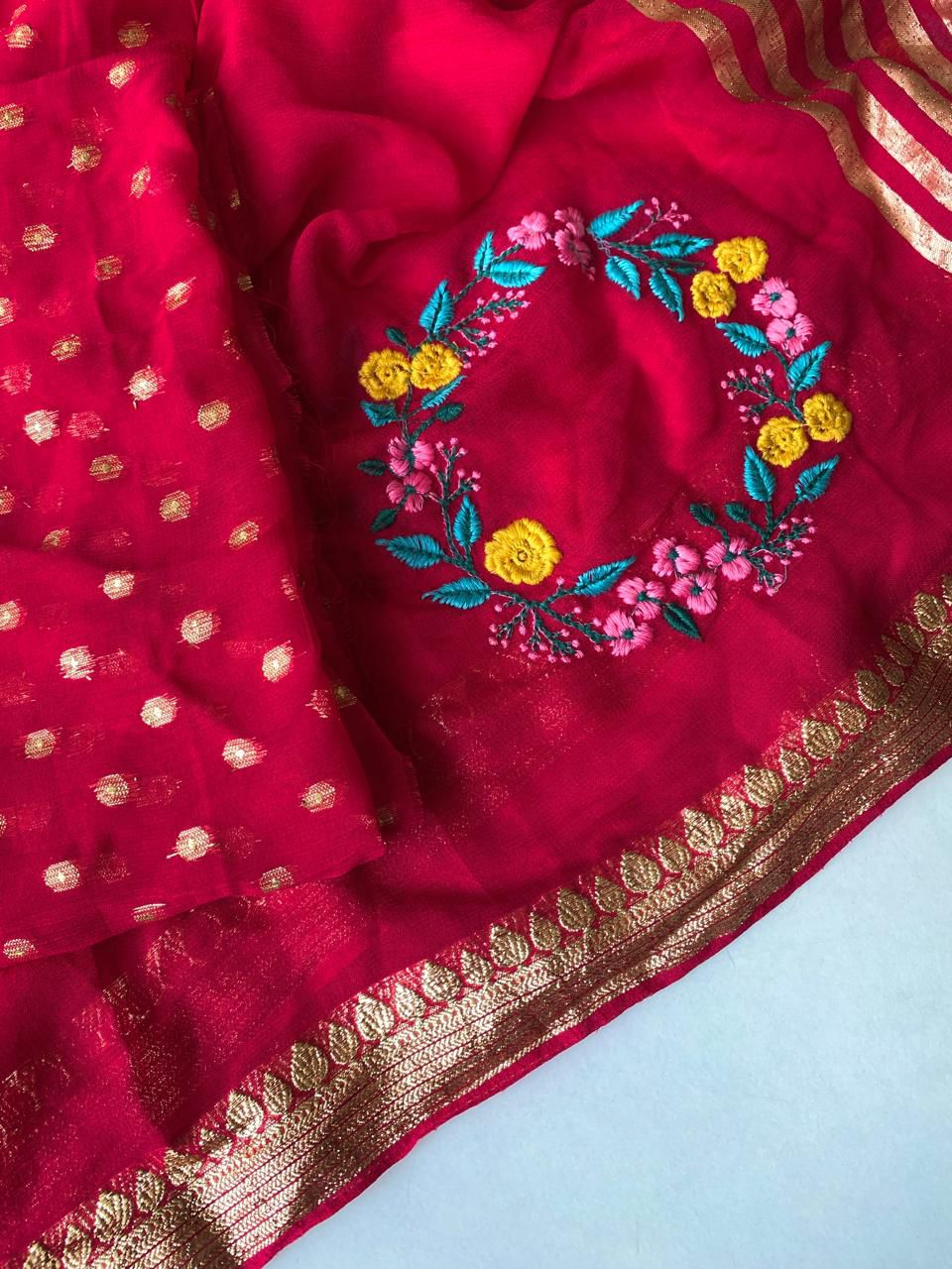 Incomparable Dark Pink Embroidery Work Viscose Georgette Saree With Devastating Blouse Piece - Image 3