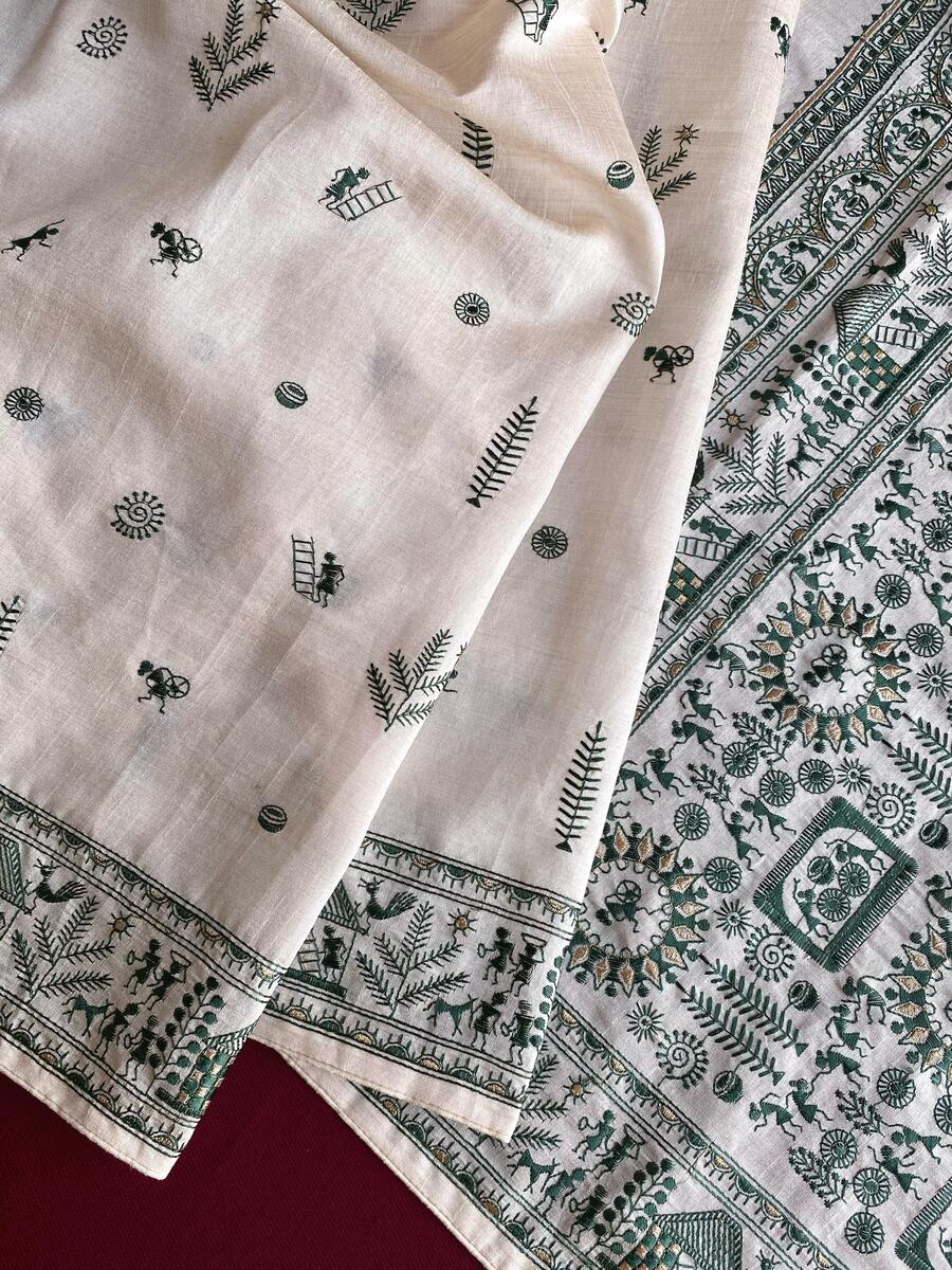 Incomparable Off White Embroidery Work Tussar Silk Saree With Eclat Blouse Piece - Image 3