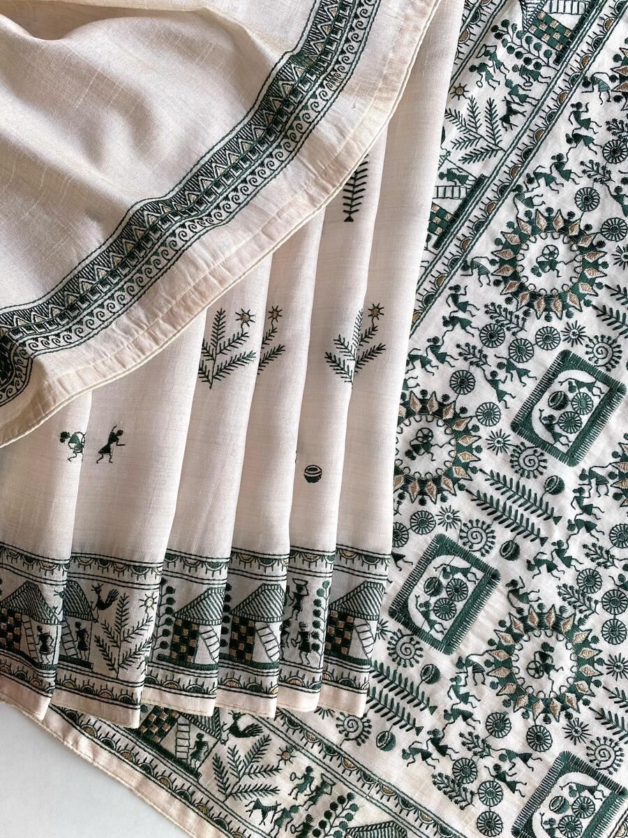 Incomparable Off White Embroidery Work Tussar Silk Saree With Eclat Blouse Piece - Image 4