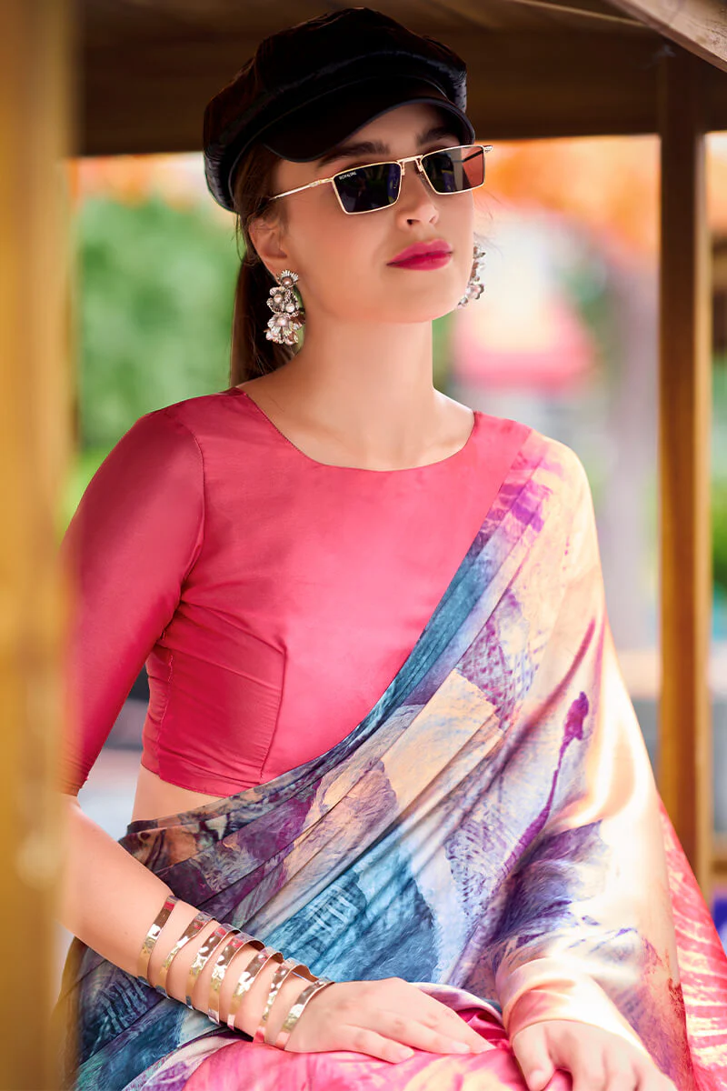 Incomparable Pink Digital Printed Satin Silk Saree With Majestic Blouse Piece - Image 2