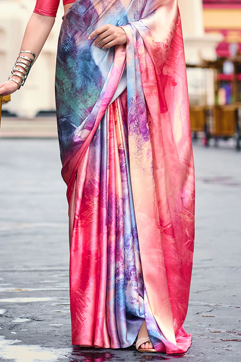 Incomparable Pink Digital Printed Satin Silk Saree With Majestic Blouse Piece - Image 3