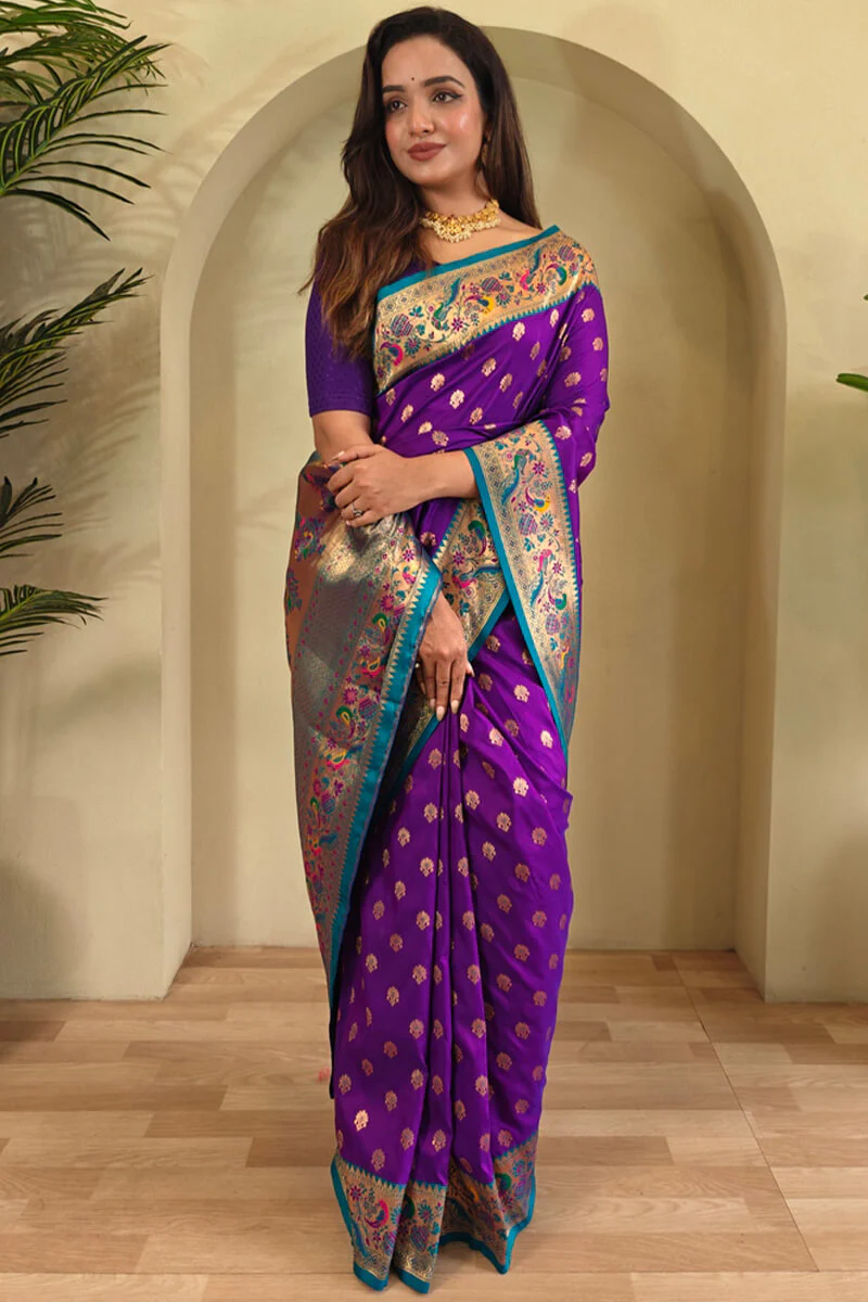 Incomparable Purple Paithani Silk Saree With Adorning Blouse Piece - Image 3