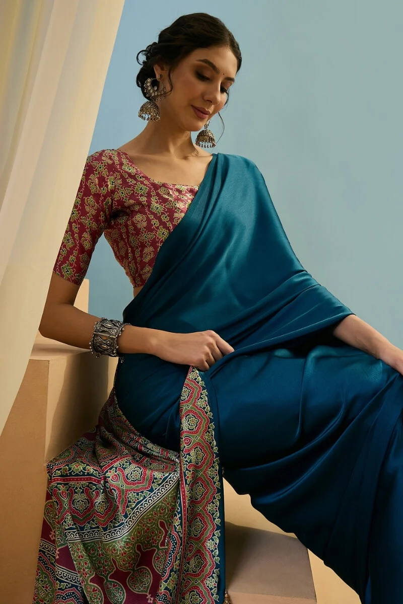 Incomparable Rama Ajrakh Printed Semi Modal Silk Saree With Trendy Blouse Piece - Image 2