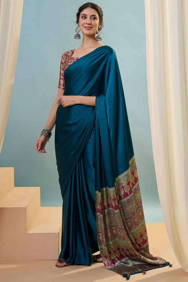 Incomparable Rama Ajrakh Printed Semi Modal Silk Saree With Trendy Blouse Piece - Image 5