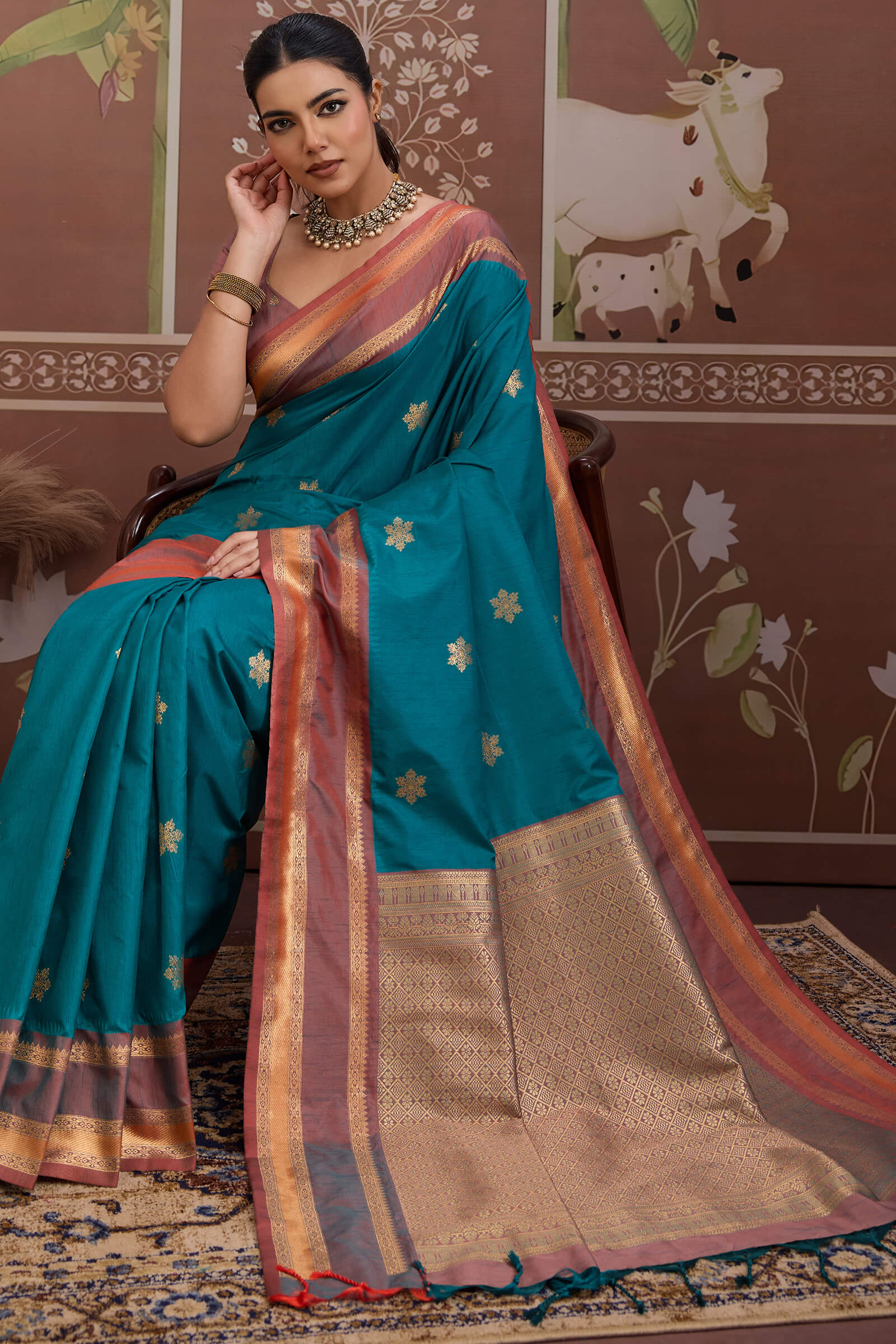 Incredible Blue Banarasi Tussar Silk Saree With Grandiose Blouse Piece - Image 5