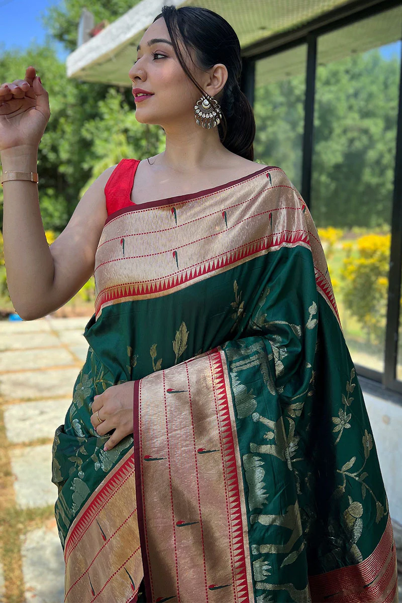 Incredible Dark Green Paithani Silk Saree With Delectable  Blouse Piece - Image 2