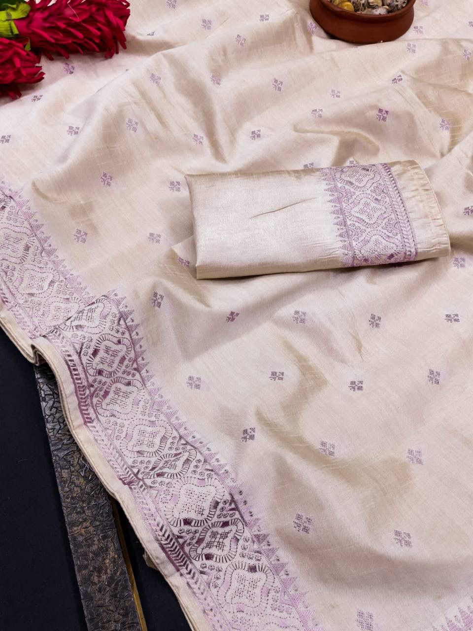 Incredible Off White Embroidery Work Tussar Silk Saree With Traditional Blouse Piece - Image 3