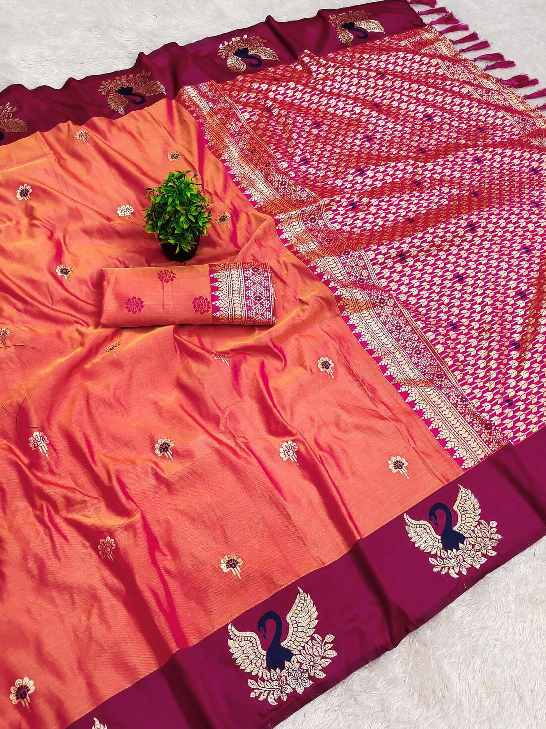 Incredible Peach Pure Zari Weaving Banarasi Silk Saree With Stunning Blouse Piece