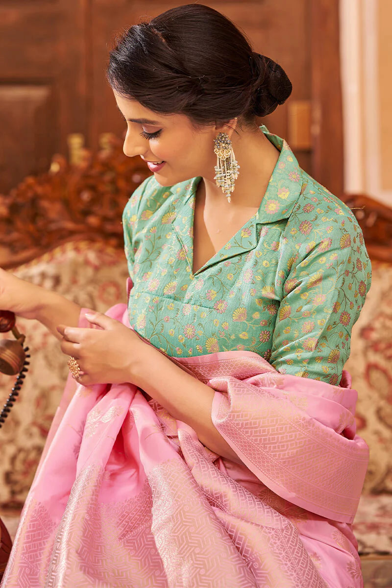 Ineffable Baby Pink Banarasi Satin Silk Saree With Charismatic Blouse - Image 4