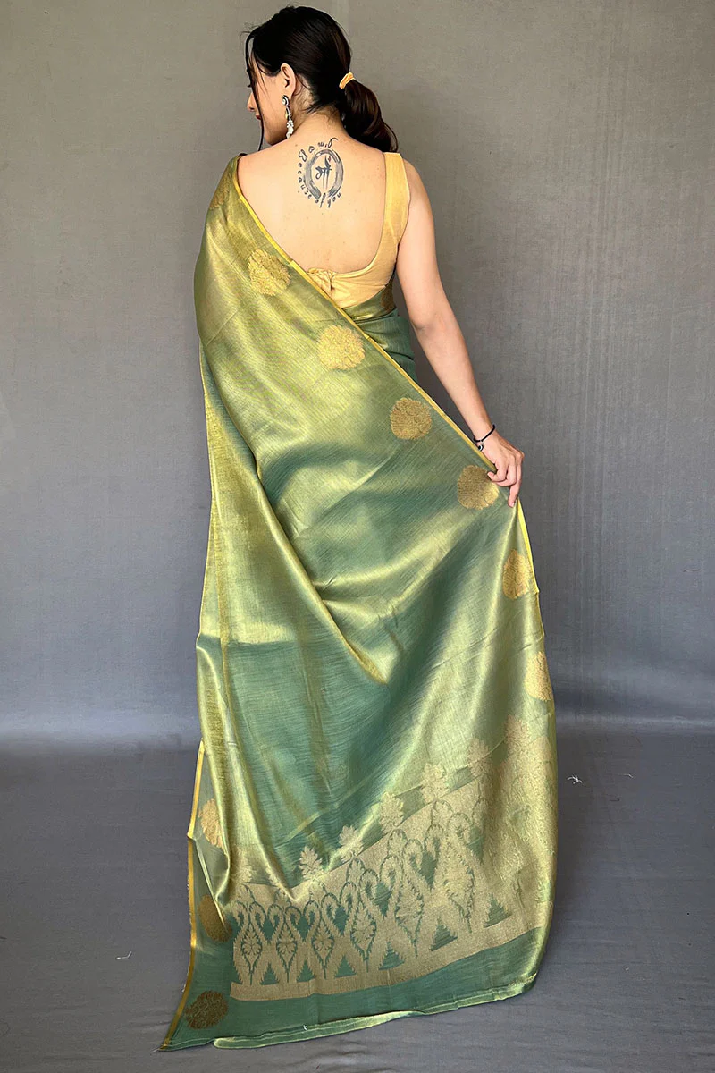 Ineffable Green Soft Banarasi Tissue Silk Saree With Nectarous Blouse Piece - Image 4