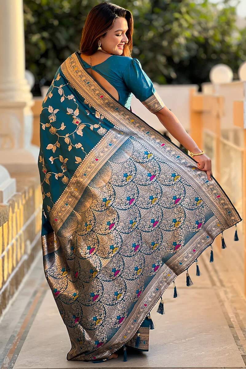 Ineffable Teal Blue Soft Banarasi Silk Saree With Zephyr Blouse Piece - Image 6