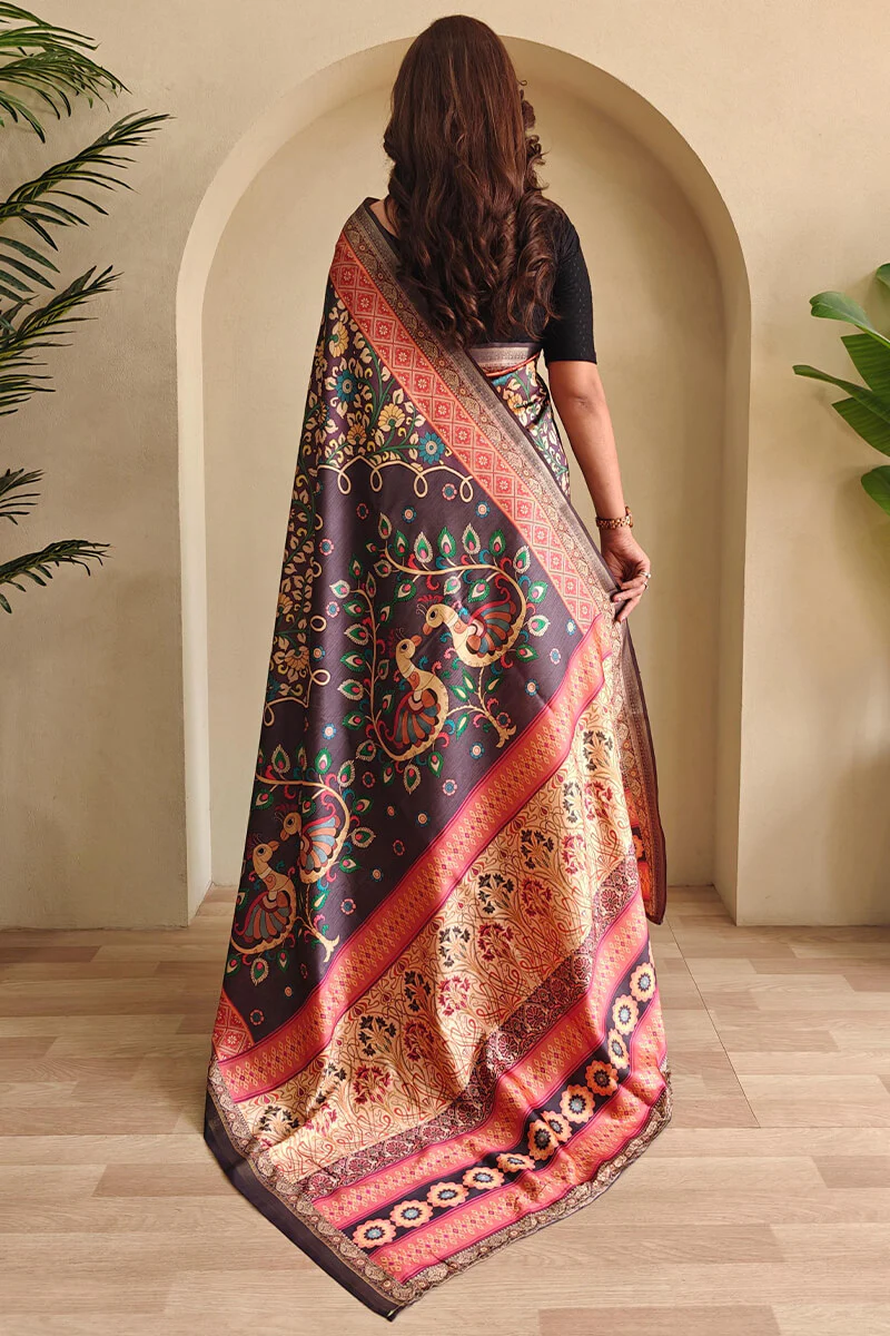 Ineffable Wine Soft Silk Kalamkari Printed Saree With Vibrant Blouse Piece - Image 4