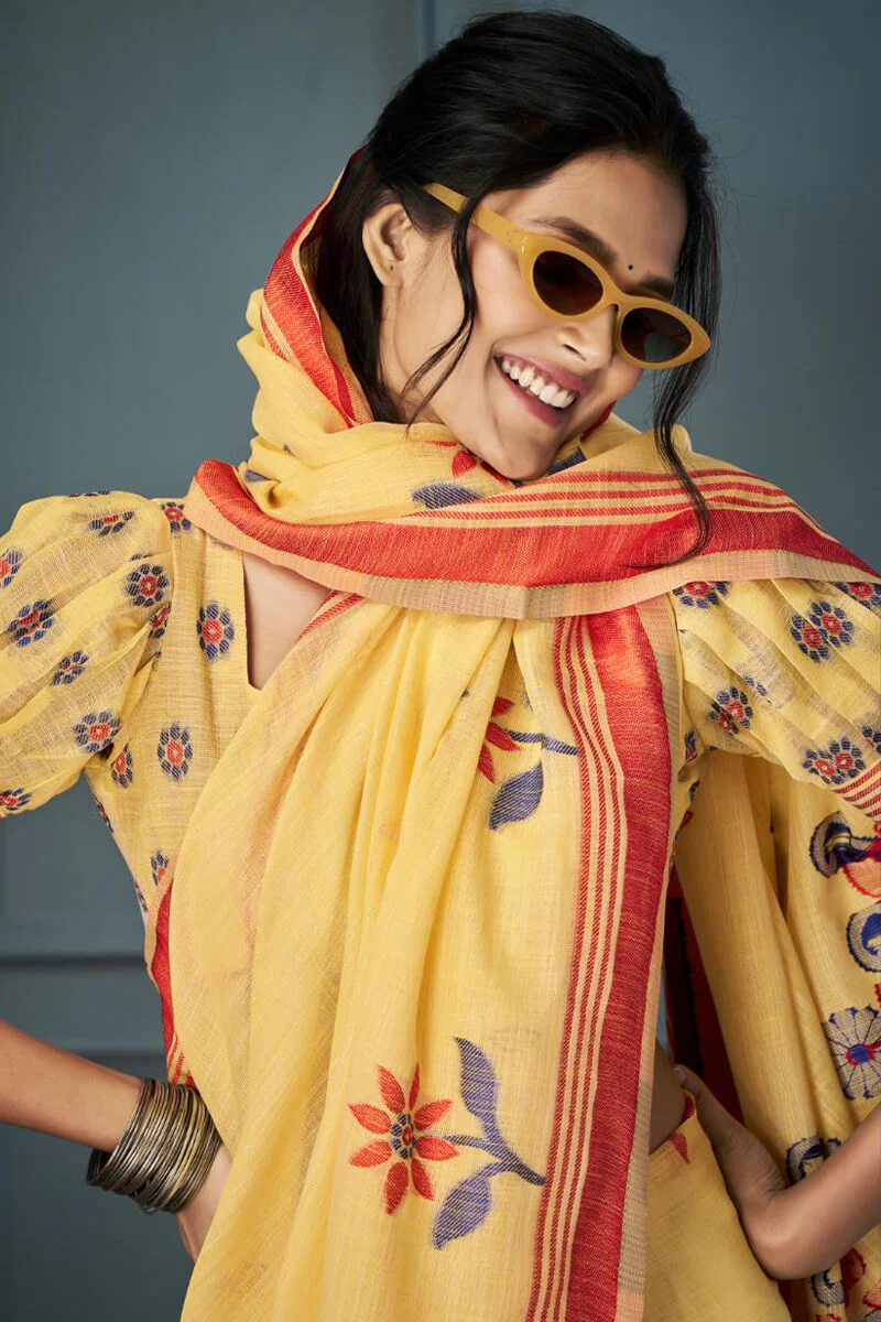 Ineffable Yellow Cotton Silk Saree With Nectarous Blouse Piece - Image 3