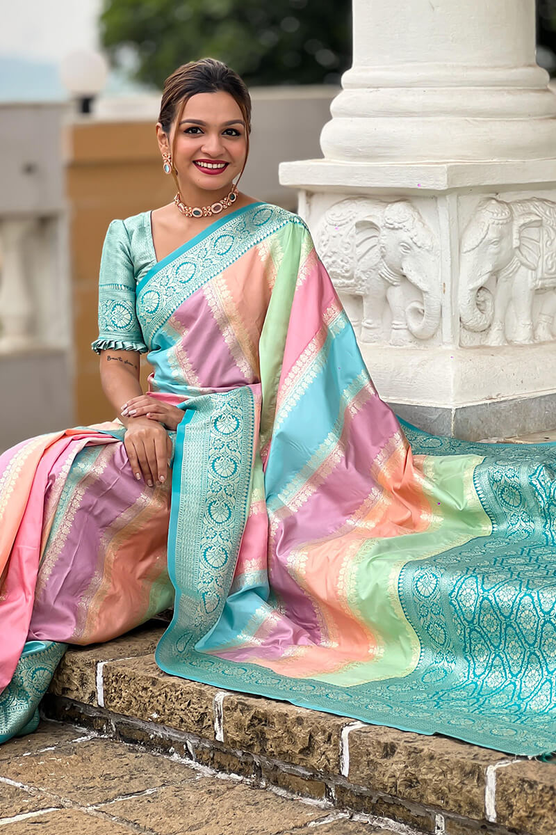 Inimitable Multicolor Soft Banarasi Silk Saree With Hypnotic Blouse Piece - Image 2