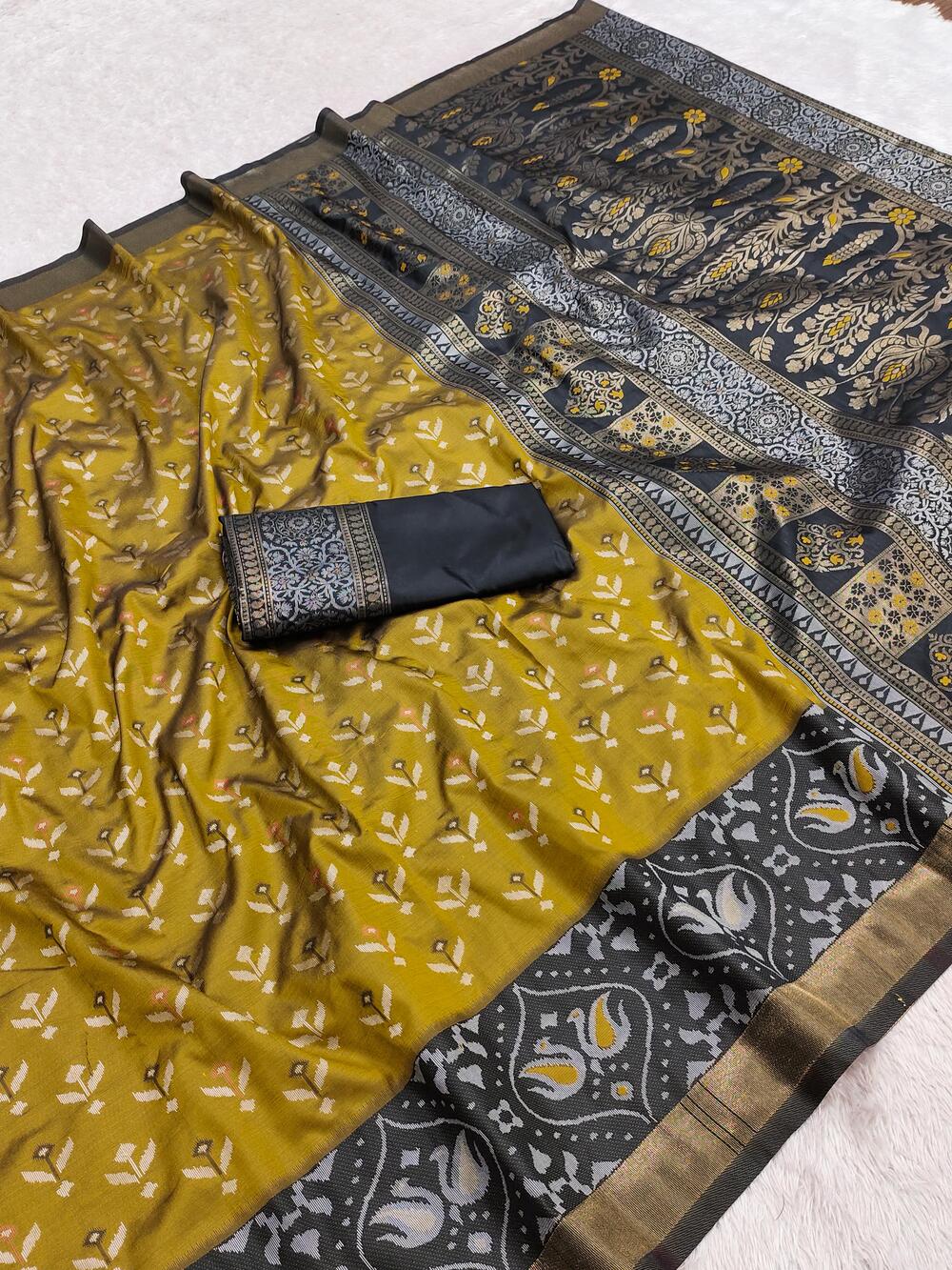 Inimitable Mustard Pure Zari Weaving Banarasi Silk Saree With Epiphany Blouse Piece