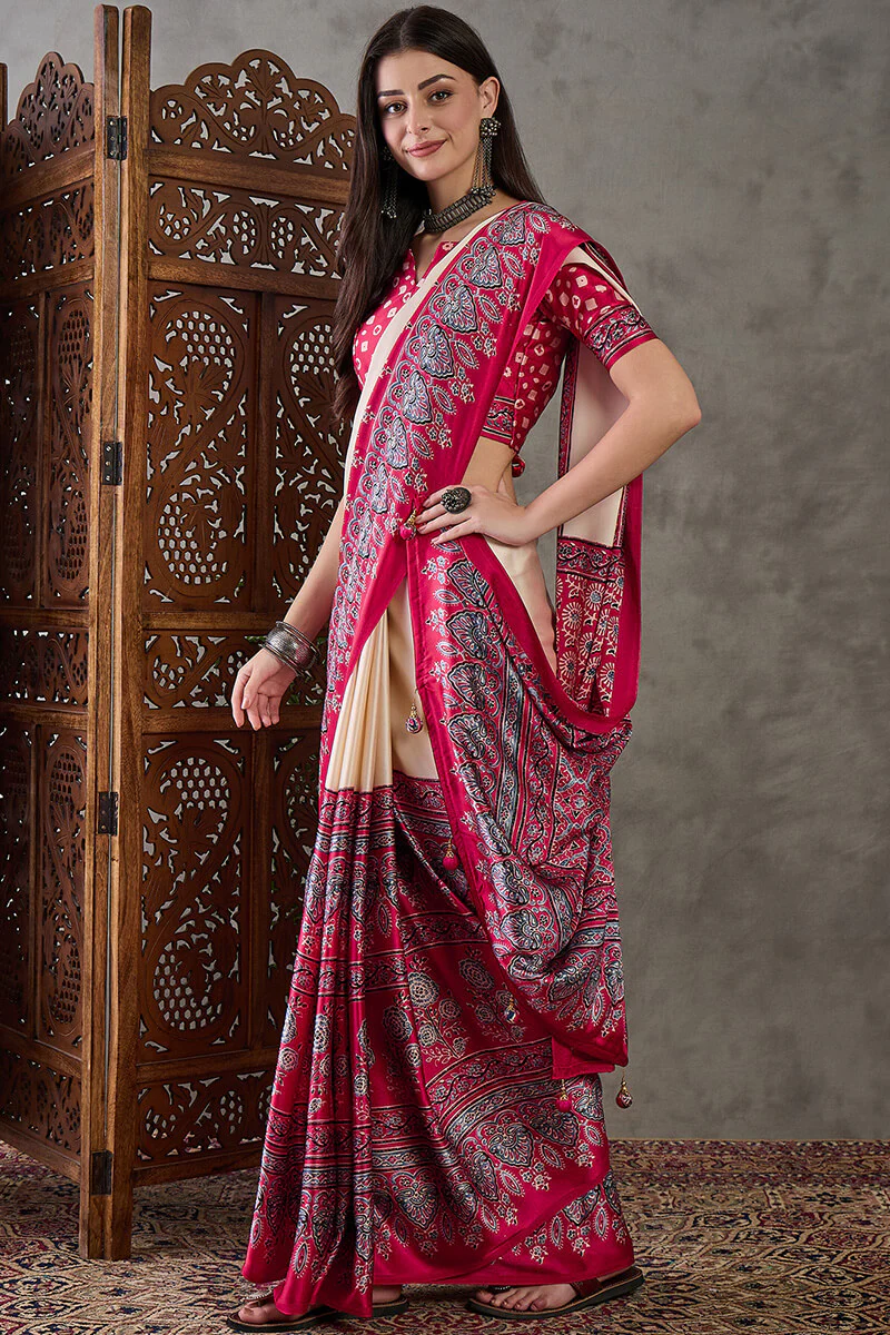 Inimitable Off White Ajrakh Printed Semi Modal Silk Saree With Assemblage Blouse Piece - Image 3