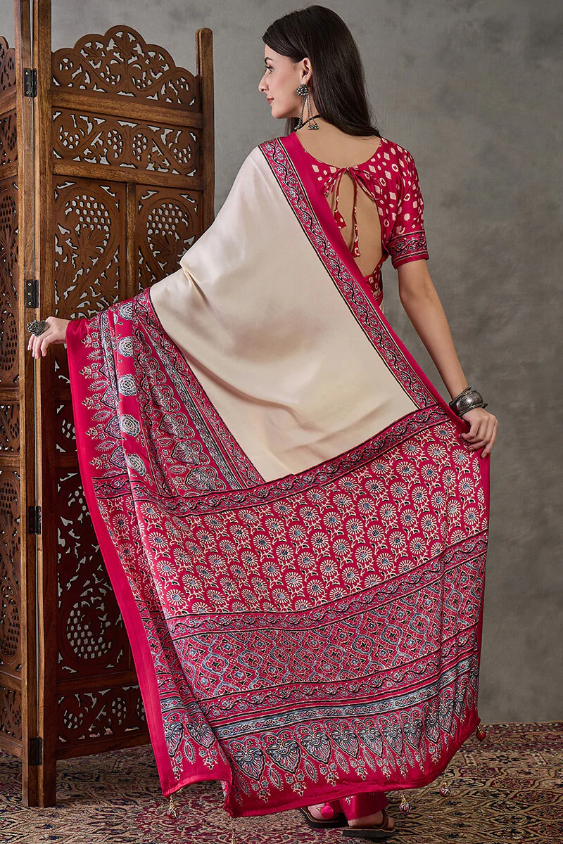 Inimitable Off White Ajrakh Printed Semi Modal Silk Saree With Assemblage Blouse Piece - Image 7