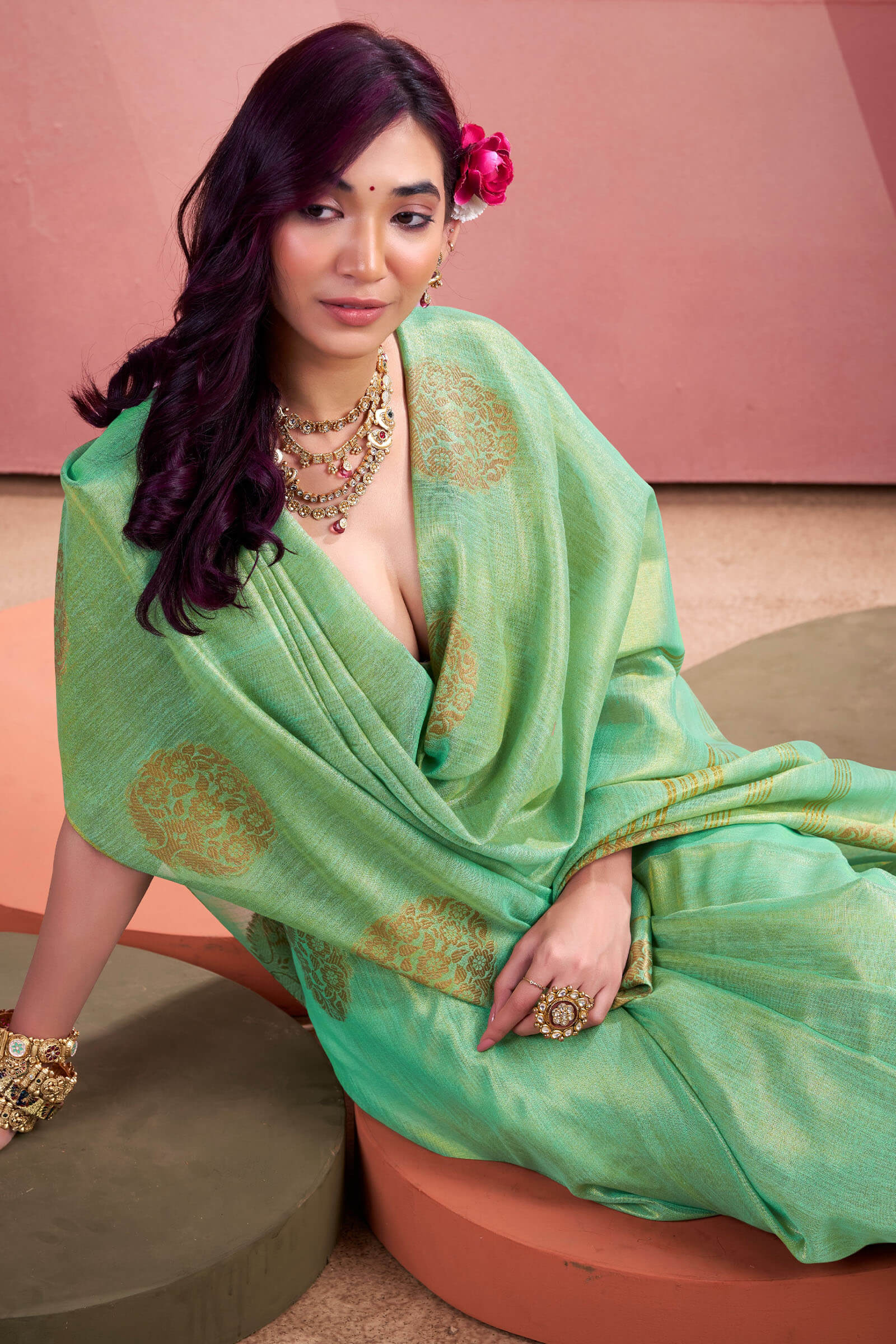 Inimitable Turquoise Soft Banarasi Tissue Silk Saree With Ideal Blouse Piece - Image 2