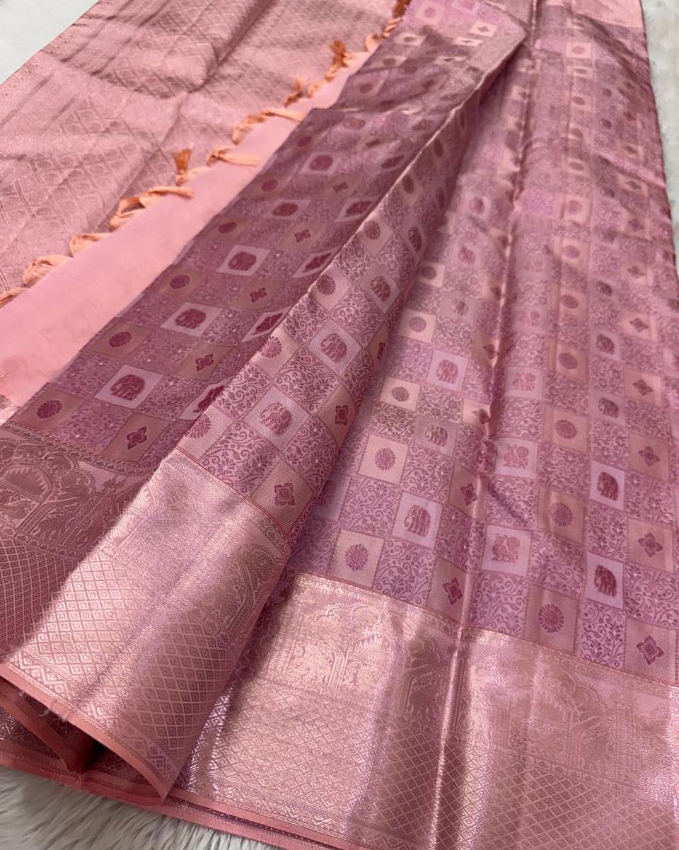 Innovative Baby Pink Soft Silk Saree With Vestigial Blouse Piece - Image 3