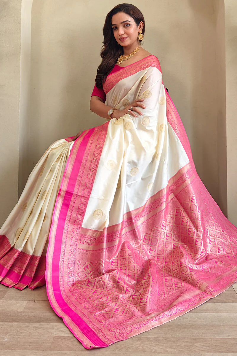 Innovative Beige Soft Banarasi Silk Saree With Desirable Blouse Piece - Image 2