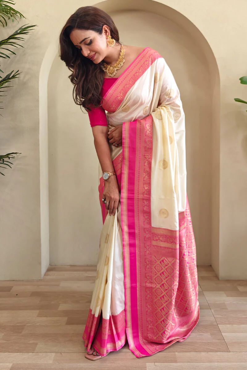 Innovative Beige Soft Banarasi Silk Saree With Desirable Blouse Piece - Image 3