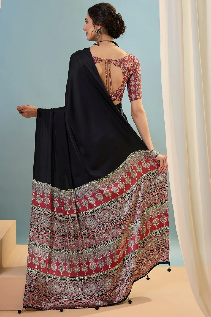 Innovative Black Ajrakh Printed Semi Modal Silk Saree With Snazzy Blouse Piece - Image 7