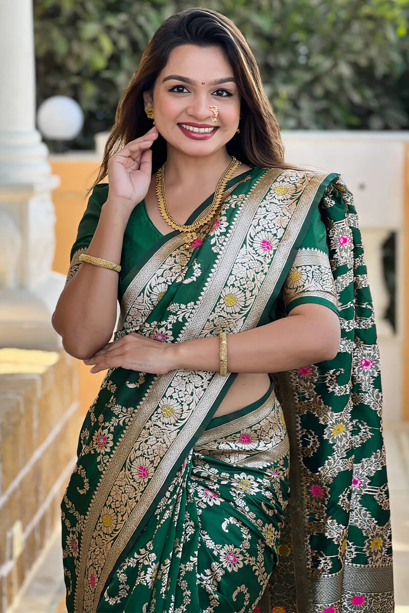 Innovative Dark Green Soft Banarasi Silk Saree With Lovely Blouse Piece - Image 5