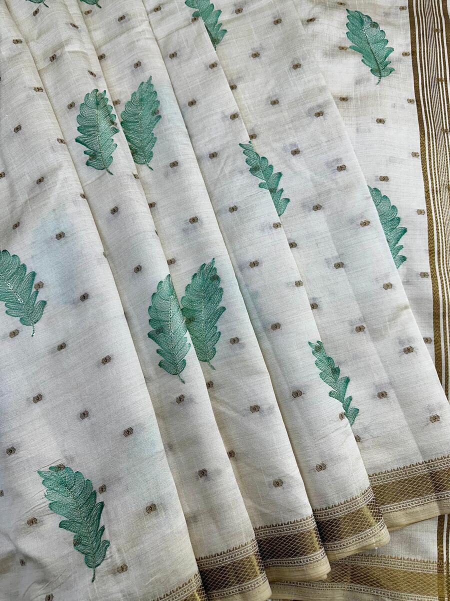 Innovative Off White Embroidery Work Tussar Silk Saree With Amazing Blouse Piece - Image 3