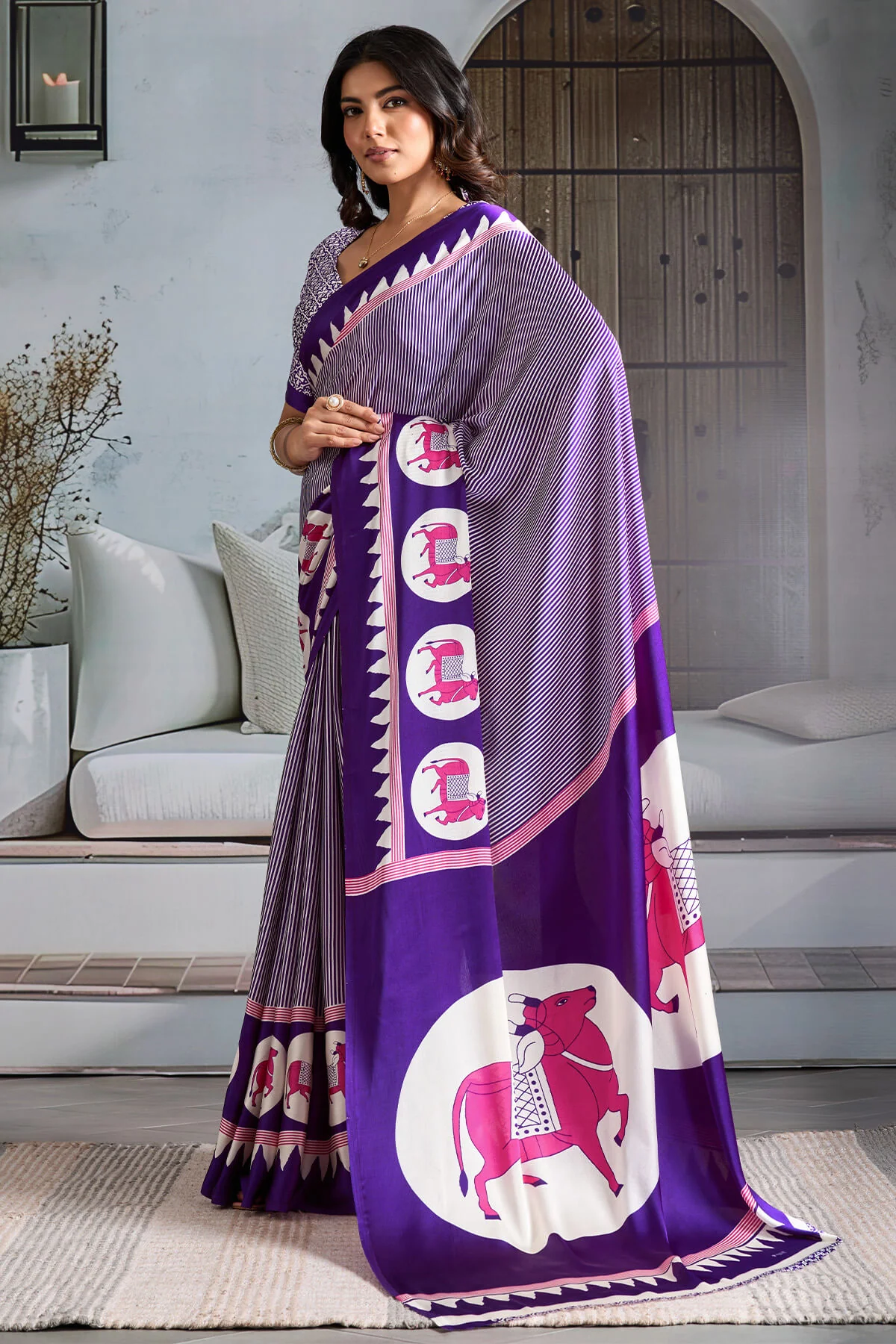 Innovative Purple Ajrakh Printed Satin Silk Saree With Transcendent Blouse Piece - Image 3